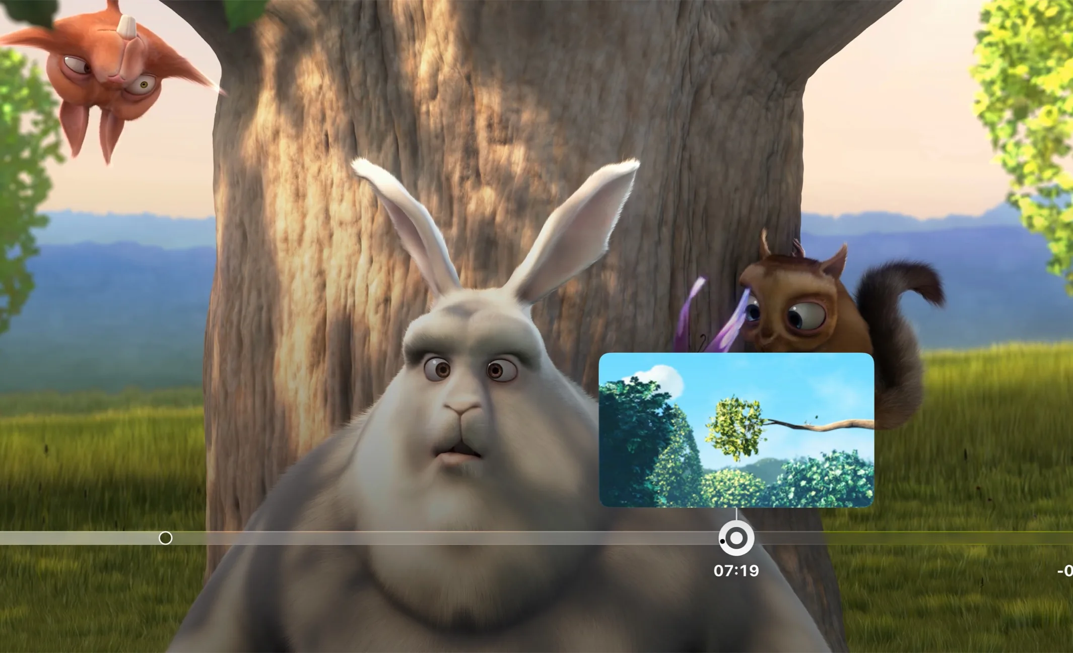 Native Player playback screen on Apple TV, showing Big Buck Bunny with the seek bar and a seek preview thumbnail.