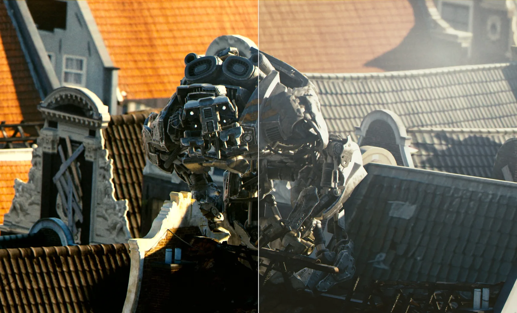 Split comparison of one frame: the left half in Dolby Vision, the right half in Standard Dynamic Range.